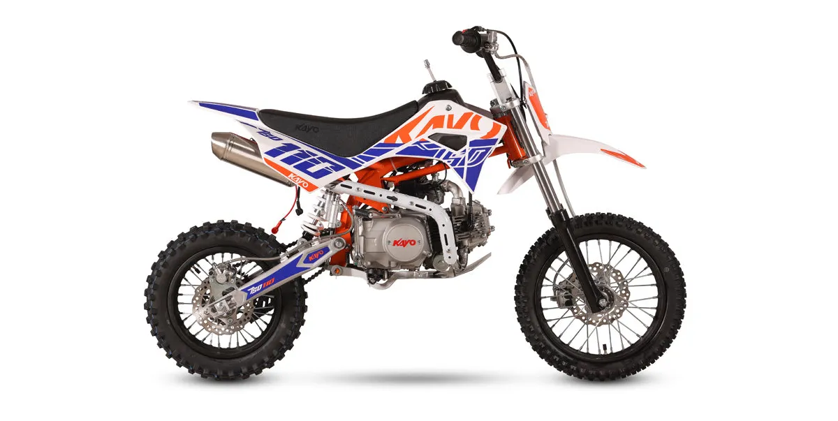 Kayo TSD110 110cc pit bike in orange, blue and white, side view